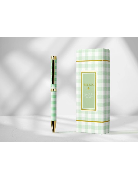 Boligrafo belius picnic aluminio color verde dorado tinta color azul caja de diseño