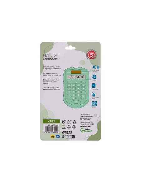 Calculadora liderpapel bolsillo xf42 8 digitos solar y pilas color verde 94x59,5x10,5mm