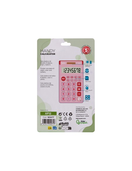 Calculadora liderpapel bolsillo xf12 8 digitos solar y pilas color rosa 115x65x8 mm