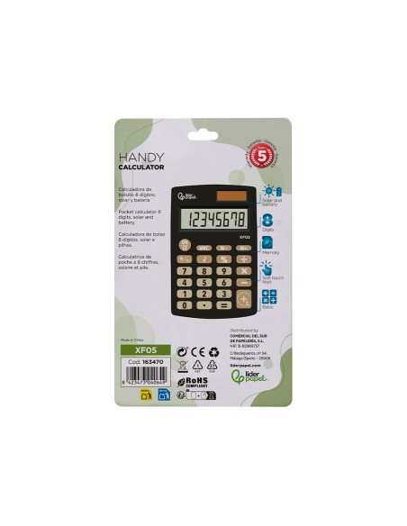 Calculadora liderpapel bolsillo xf05 8 digitos solar y pilas color negro 98x62x8 mm