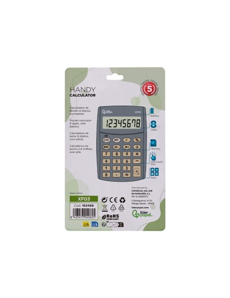 Calculadora liderpapel bolsillo xf03 8 digitos pilas color gris 99x64x9 mm