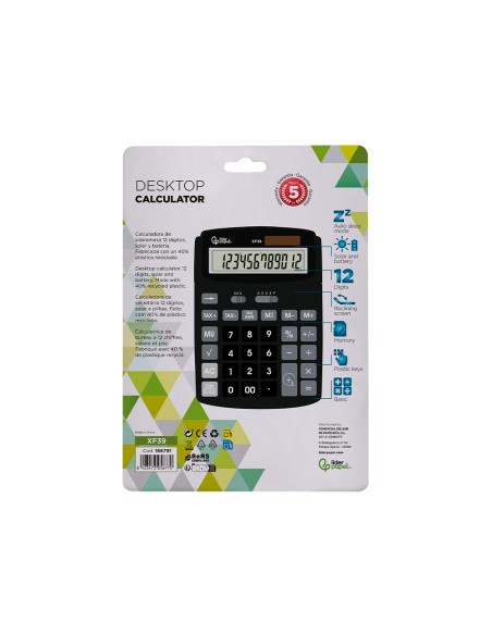 Calculadora liderpapel sobremesa xf39 12 digitos solar y pilas color negro 190x140x32 mm 40% reciclada