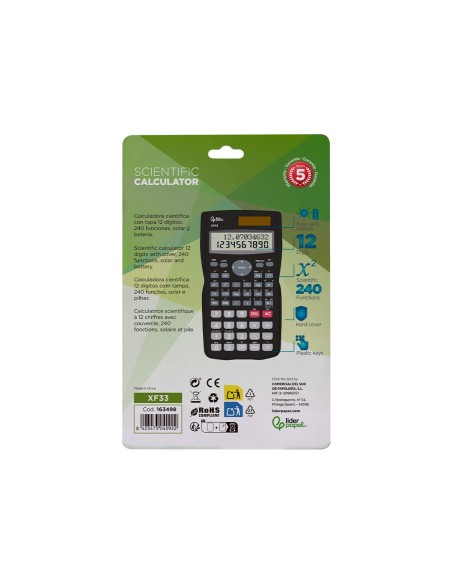 Calculadora liderpapel cientifica xf33 12 digitos 240 funciones con tapa solar y pilas color negro 156x85x20