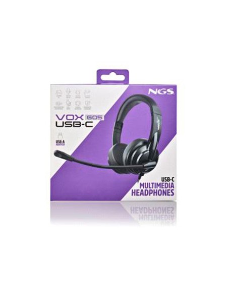 Auriculares ngs vox605 con cable estereo usb-c con control de volumen y adaptador usb color negro