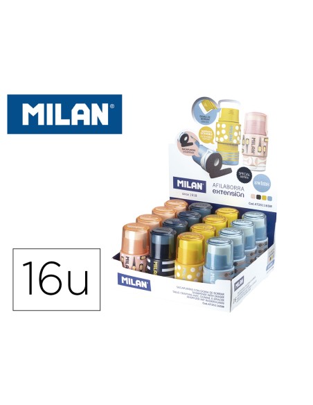 Sacapuntas milan extension plastico con deposito 1 uso con goma de borrar expositor de 16 unidades colores