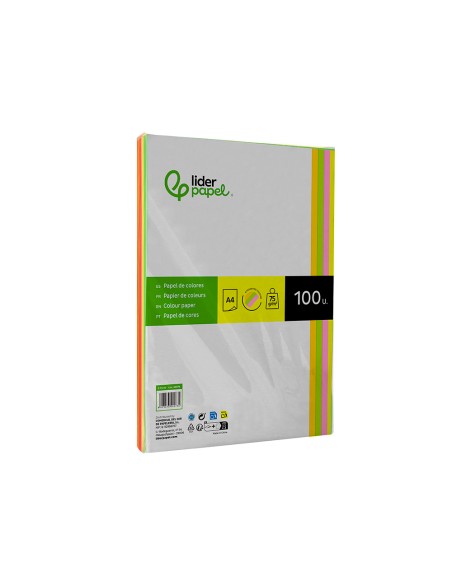 Papel color liderpapel din a4 75 gr neon 4 colores surtidos paquete de 100 hojas