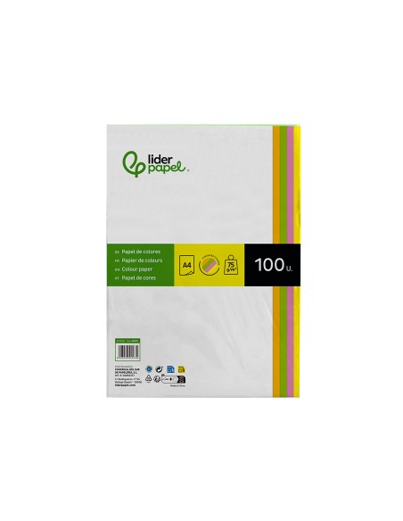 Papel color liderpapel din a4 75 gr neon 4 colores surtidos paquete de 100 hojas