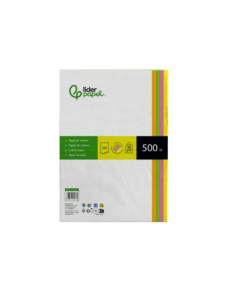 Papel color liderpapel din a4 75 gr neon 4 colores surtidos paquete de 500 hojas