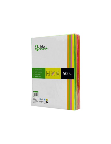 Papel color liderpapel din a4 75 gr neon 4 colores surtidos paquete de 500 hojas