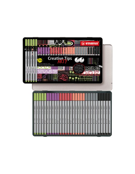 Rotulador stabilo creative tips arty line pastel 5 puntas diferentes por color estuche metalico de 30