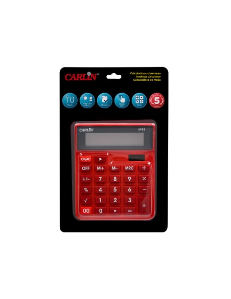 Calculadora carlin sobremesa 10 digitos solar y pilas color rojo 127x105x24 mm