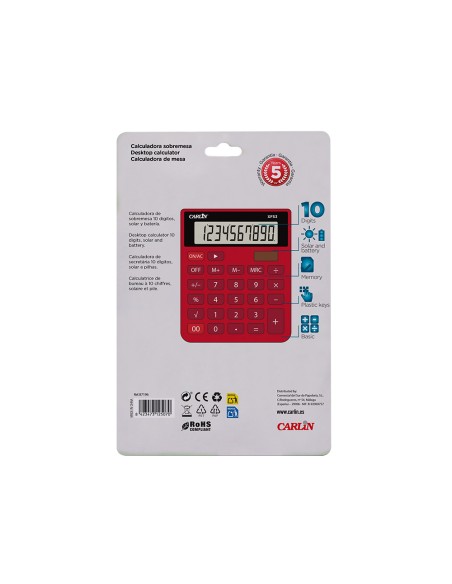 Calculadora carlin sobremesa 10 digitos solar y pilas color rojo 127x105x24 mm
