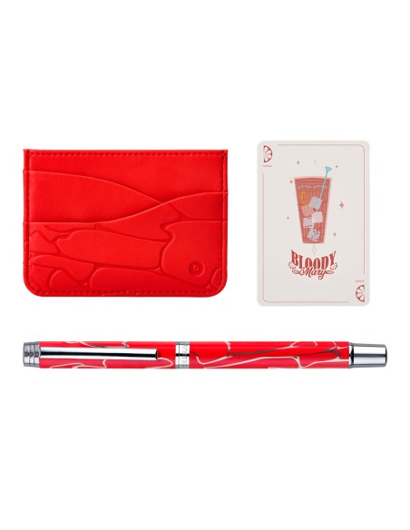 Boligrafo y wallet belius cocktails bloody mary aluminiorojo plateado relieve tinta color azul caja de diseño