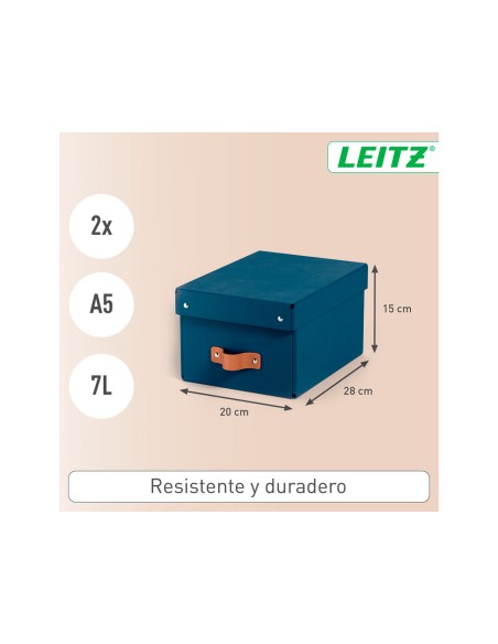 Caja de almacenaje leitz carton pequeña con asa de piel color azul pack de 2 unidades