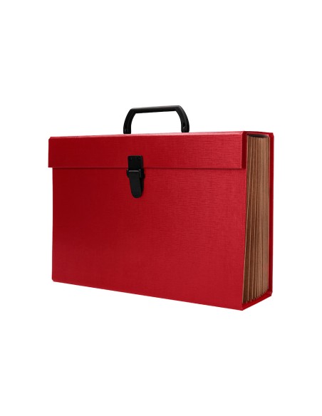 Maletin liderpapel con fuelle y asa carton forrado 19 departamentos 255x390x120 mm color rojo