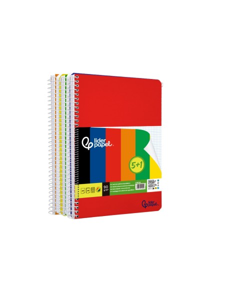 Cuaderno espiral liderpapel a4 wonder tapa plastica 80h 90gr cuadro 4mm con margen pack 5+1 colores surtidos