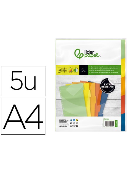 Separador liderpapel polipropileno juego de 5 separadores a4 multitaladro 500 micras