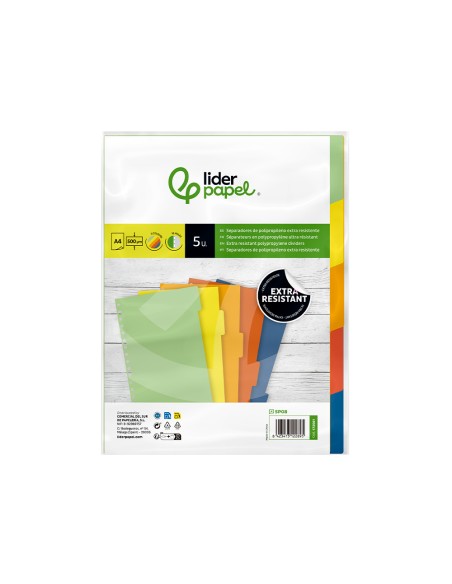 Separador liderpapel polipropileno juego de 5 separadores a4 multitaladro 500 micras