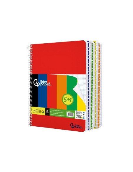 Cuaderno espiral liderpapel a4 smart tapa blanda 80h 75gr cuadro 4 mm con margen pack 5+1 colores surtidos