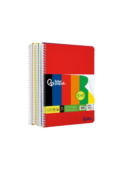 Cuaderno espiral liderpapel a4 smart tapa blanda 80h 75gr cuadro 4 mm con margen pack 5+1 colores surtidos