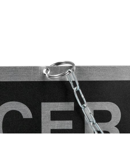 Letrero de aluminio serigrafiado abierto y cerrado con cadena y ventosa para colgar 232x74 mm