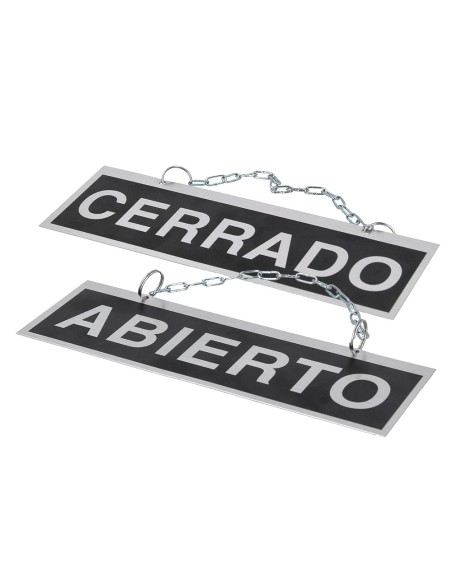 Letrero de aluminio serigrafiado abierto y cerrado con cadena y ventosa para colgar 232x74 mm