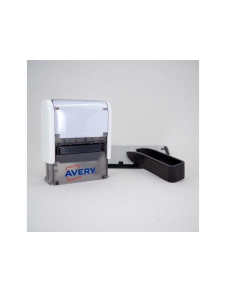 Sello avery especial tejidos personalizable 3 lineas 288 caracteres con pinza y tira termoadhesiva lavable negro