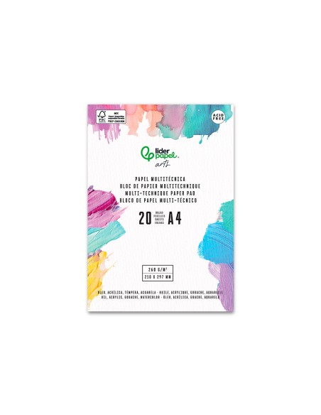 Bloc papel multitecnica liderpapel din a4 para acrilico oleo y gouache 20 hojas gramaje 260g/m2