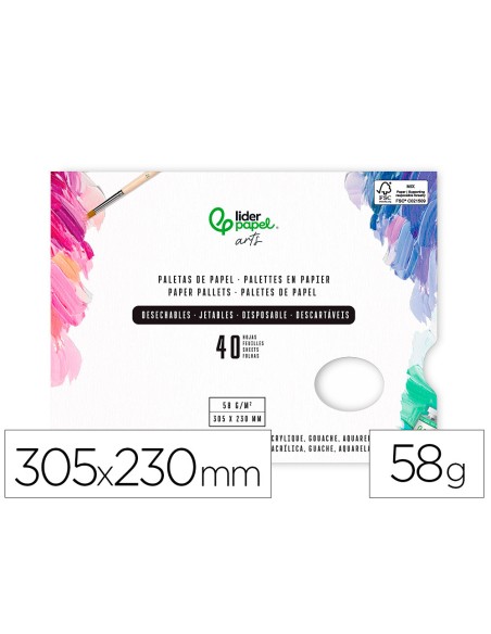 Paleta de papel desechable liderpapel para pintura 40 hojas gramaje 58g/m2 con agujero para pulgar