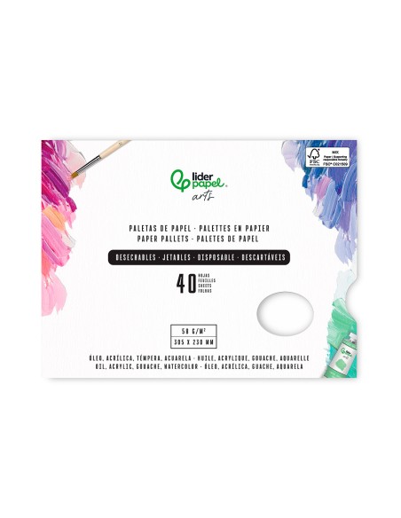 Paleta de papel desechable liderpapel para pintura 40 hojas gramaje 58g/m2 con agujero para pulgar