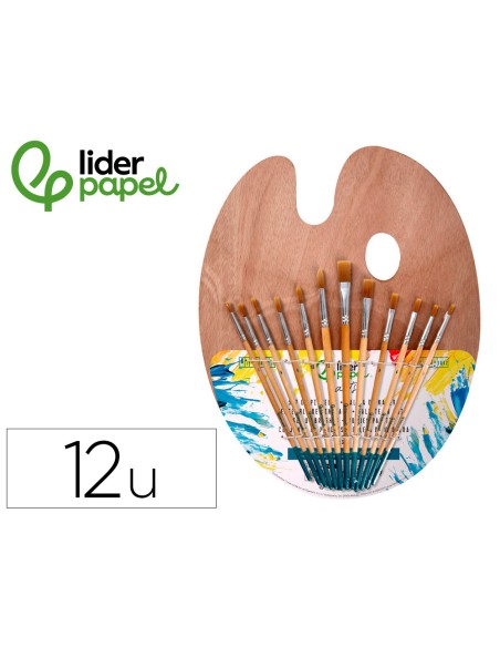 Pinceles sinteticos liderpapel pack de 12 unidades con puntas y tamaños surtidos + paleta de madera