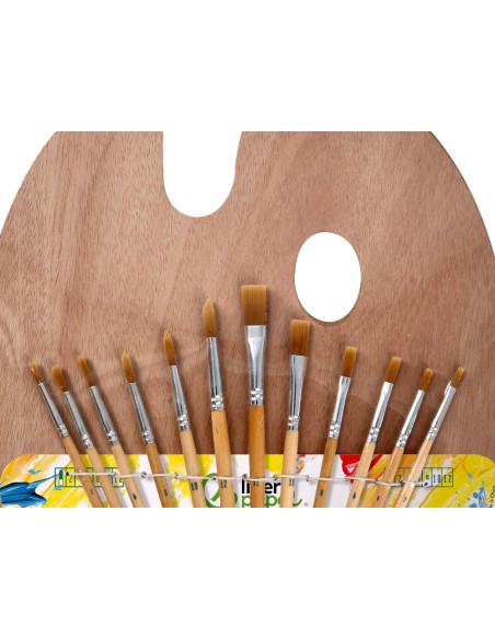 Pinceles sinteticos liderpapel pack de 12 unidades con puntas y tamaños surtidos + paleta de madera