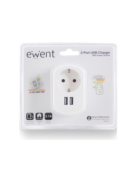 Cargador ewent pared 2 puertos usb 3.4 a cargador con toma de corriente