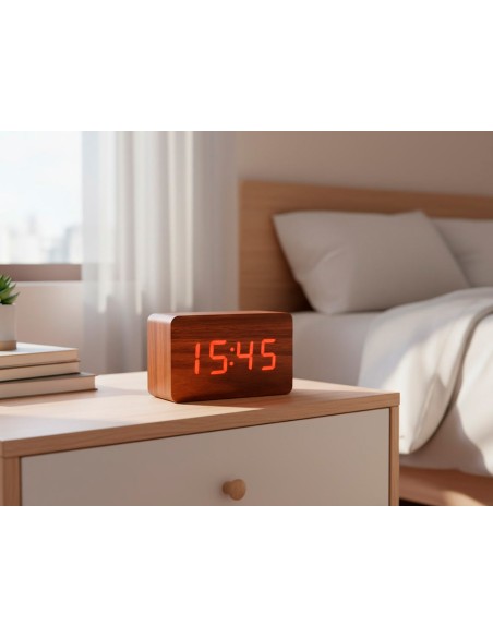 Reloj q-connect sobremesa digital acabado madera luz roja 100x40x60mm