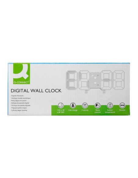Reloj q-connect de pared digital con temperatura 3 alarmas control de sonido 220x40x87 mm