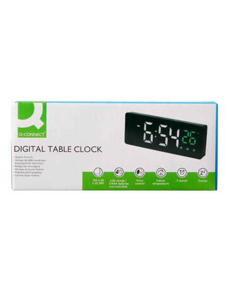 Reloj q-connect sobremesa digital con temperatura 3 alarmas control de voz 160x60x25mm