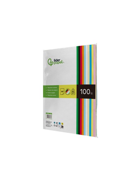 Papel color liderpapel a4 80gr 10 colores surtidos paquete de 100 hojas
