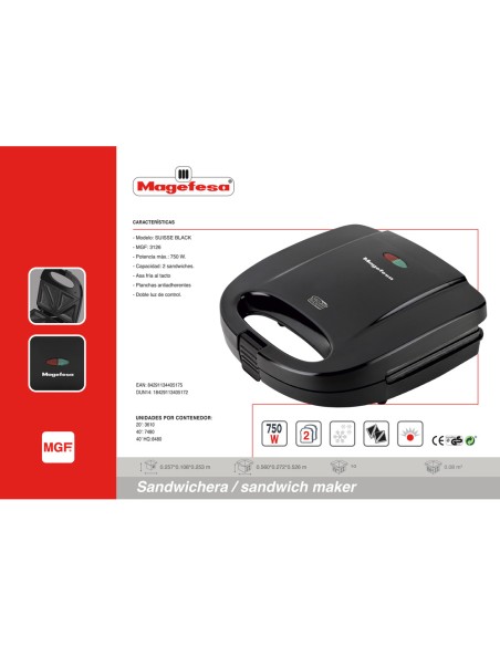 Sandwichera magefesa suisse black 750w con asa fria al tacto antiadherente