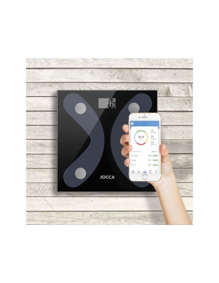 Bascula inteligente jocca de vidrio templado con bluetooth mide peso grasa agua hasta 8 usuarios capacidad hasta 180 kg