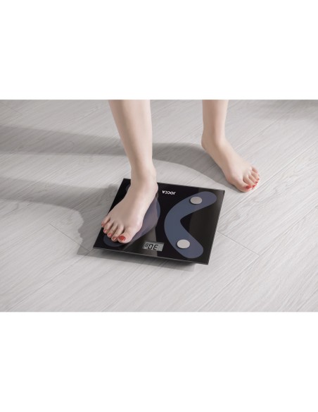 Bascula inteligente jocca de vidrio templado con bluetooth mide peso grasa agua hasta 8 usuarios capacidad hasta 180 kg