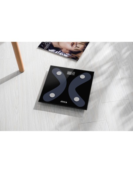 Bascula inteligente jocca de vidrio templado con bluetooth mide peso grasa agua hasta 8 usuarios capacidad hasta 180 kg