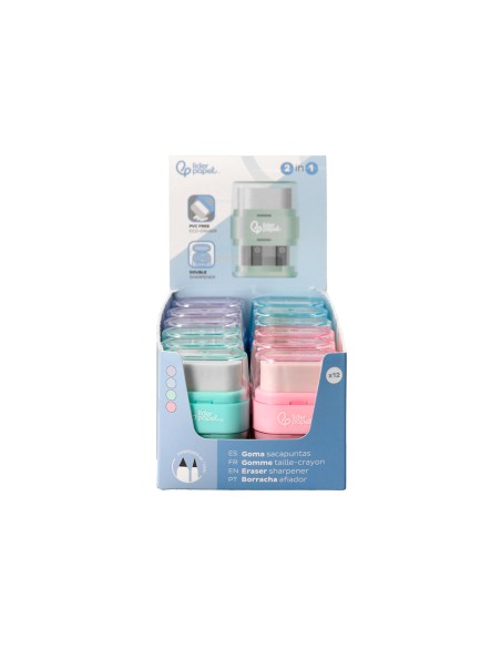 Goma de borrar liderpapel rectangular con protector plastico sacapuntas 2 usos colores surtidos