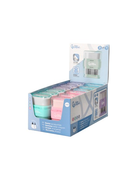Goma de borrar liderpapel rectangular con protector plastico sacapuntas 2 usos colores surtidos