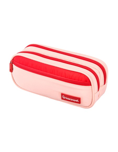Estuche portatodo liderpapel duo 3 cremalleras con bolsillofrontal rosa 220x90x70 mm