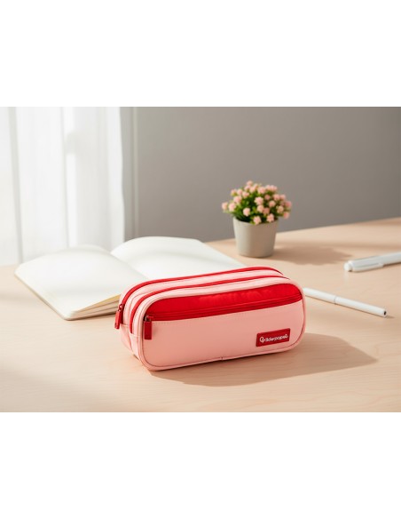 Estuche portatodo liderpapel duo 3 cremalleras con bolsillofrontal rosa 220x90x70 mm