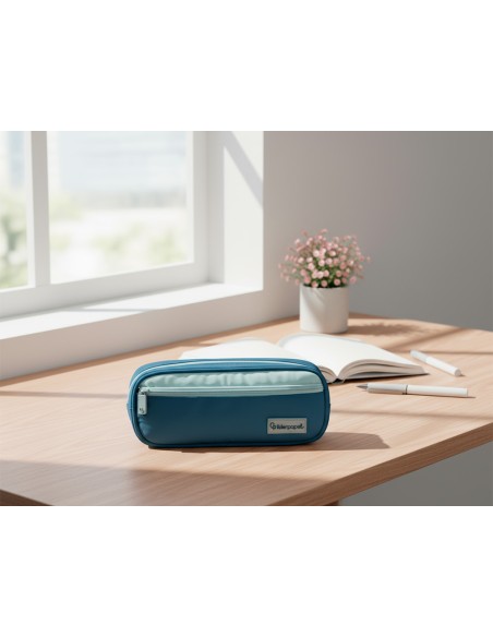 Estuche portatodo liderpapel duo 2 cremalleras con bolsillofrontal azul oscuro 220x90x50 mm