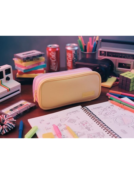 Estuche portatodo liderpapel funky 3 cremalleras con aperturas laterales amarillo rosa lila 220x100x65 mm