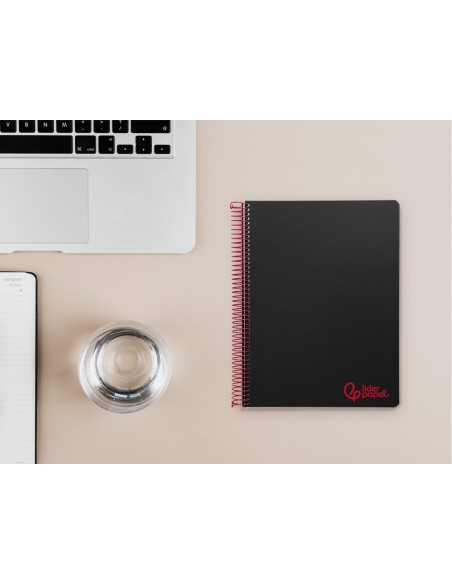 Cuaderno espiral liderpapel a5 micro wonder tapa plastico 120h 90gr cuadro 5mm 5 bandas 6 taladros color negro
