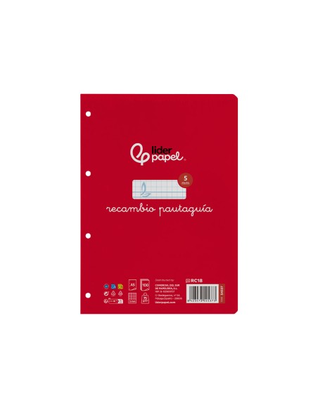 Recambio liderpapel cuarto pautaguia 100 hojas 75gr cuadriculado pautado 5 mm con margen 6 taladros