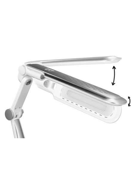 Lampara de escritorio q-connect led 9w 550 lm tactil 3 niveles de color brazo y base oscilantes color plateado
